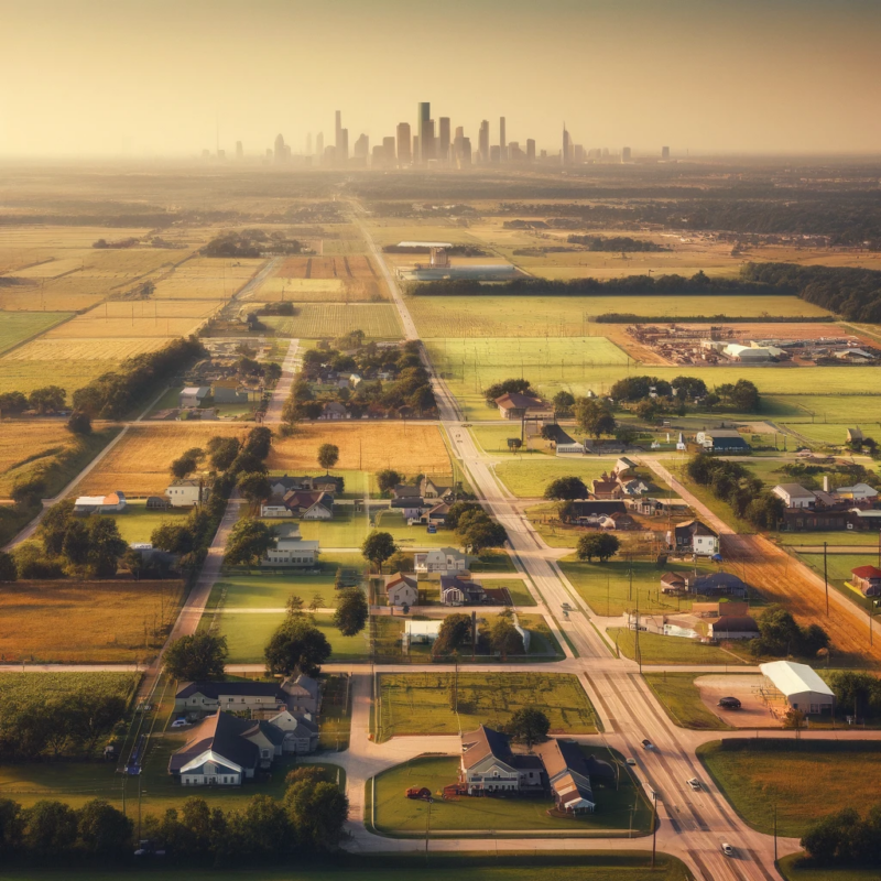 Overhead view of Prairie View with the Houston skyline in the distance