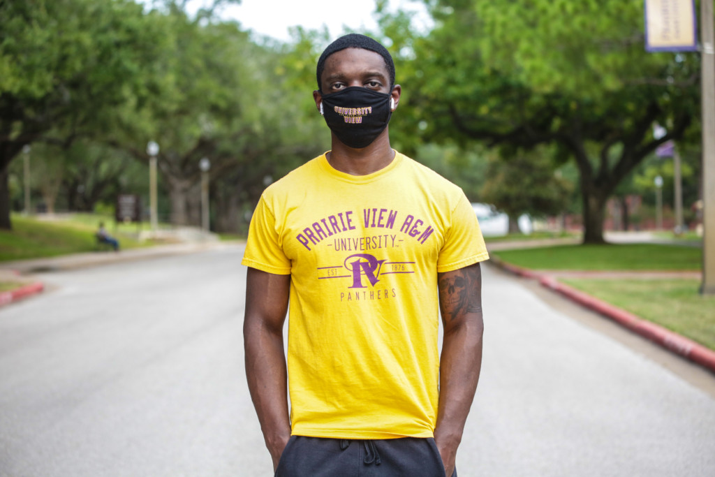 Dunaway wears a mask from University View, an on-campus housing community for upper-level students. “I'm happy to be on campus and have my own space again,” he said.