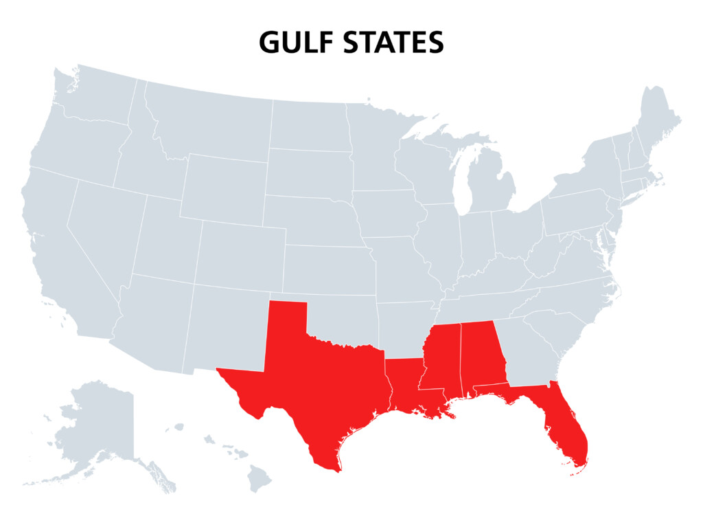 Gulf States Of The United States, Political Map. Also Known As Gulf South. Coastline Along The Southern US, Where The States Texas, Louisiana, Mississippi, Alabama And Florida Meet The Gulf Of Mexico.